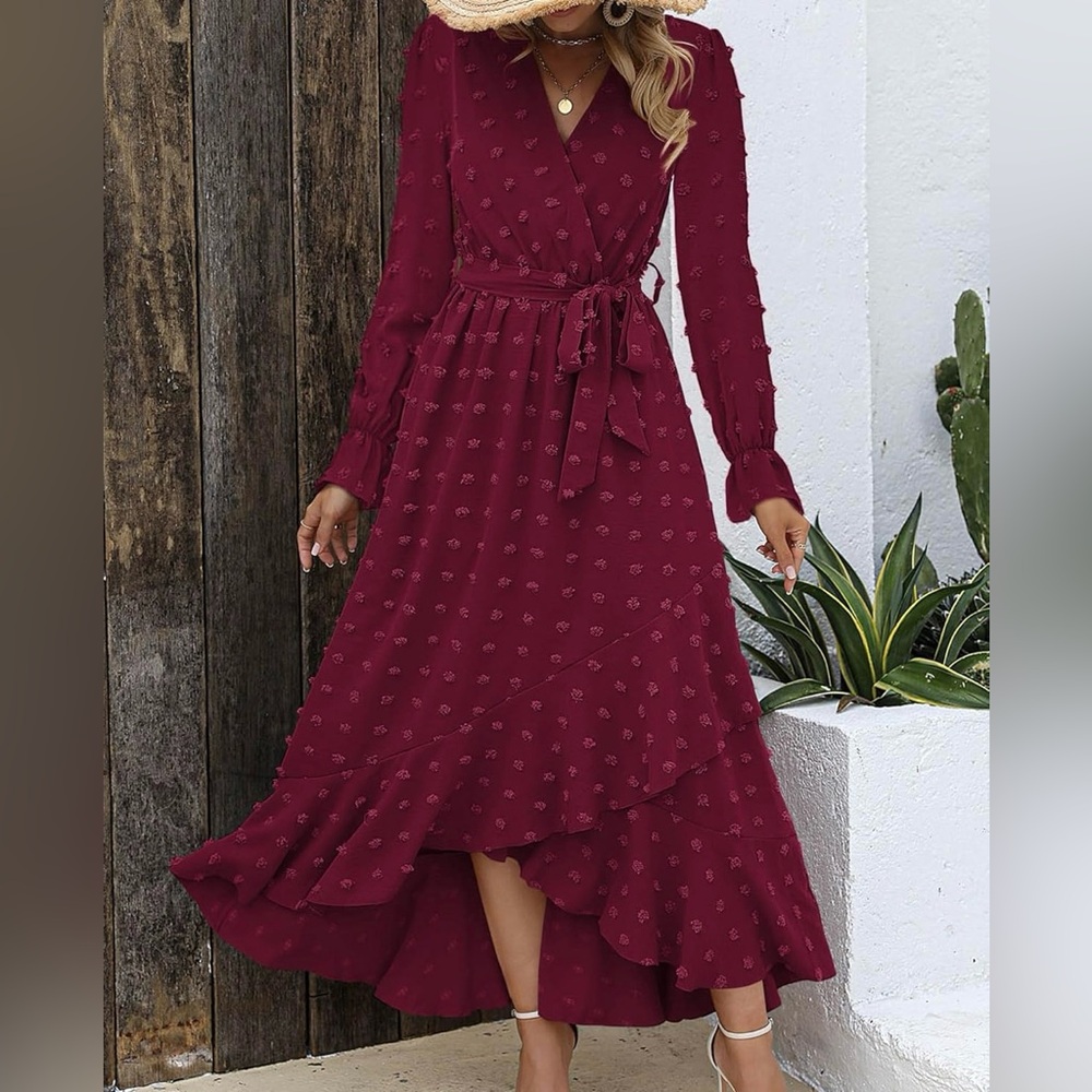 BTFBM Boho wrap dress maroon ish color with polka dot puffs. NWT size L